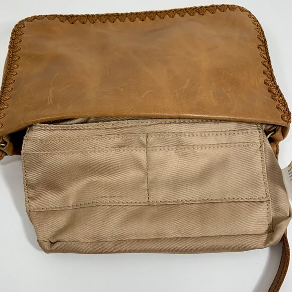 Minimalist THE SAK Flora Soft Leather Small Satchel Crocheted Trim Camel Tan - Picture 12 of 13